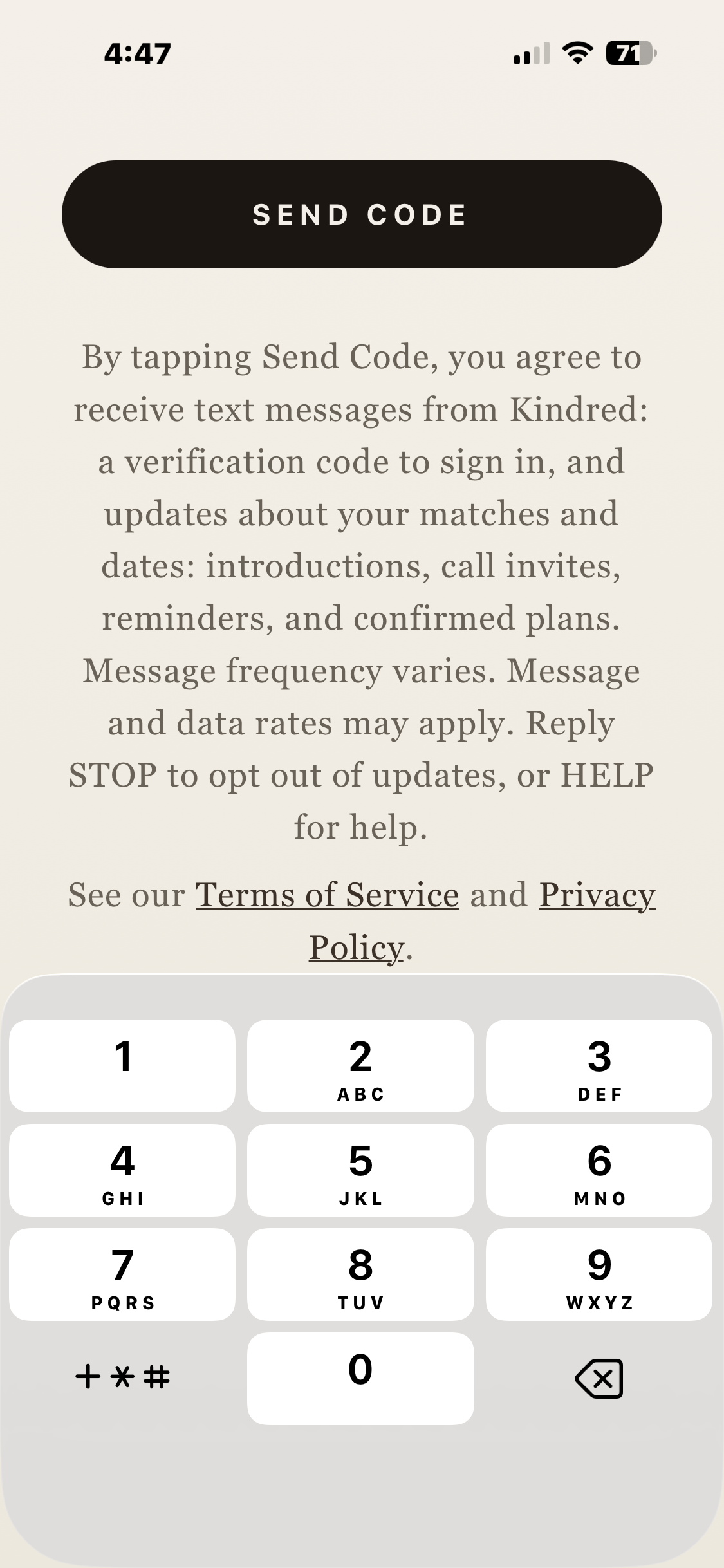 The same screen, scrolled: the consent disclosure is displayed in full, in the app, directly below the Send Code button the member taps.